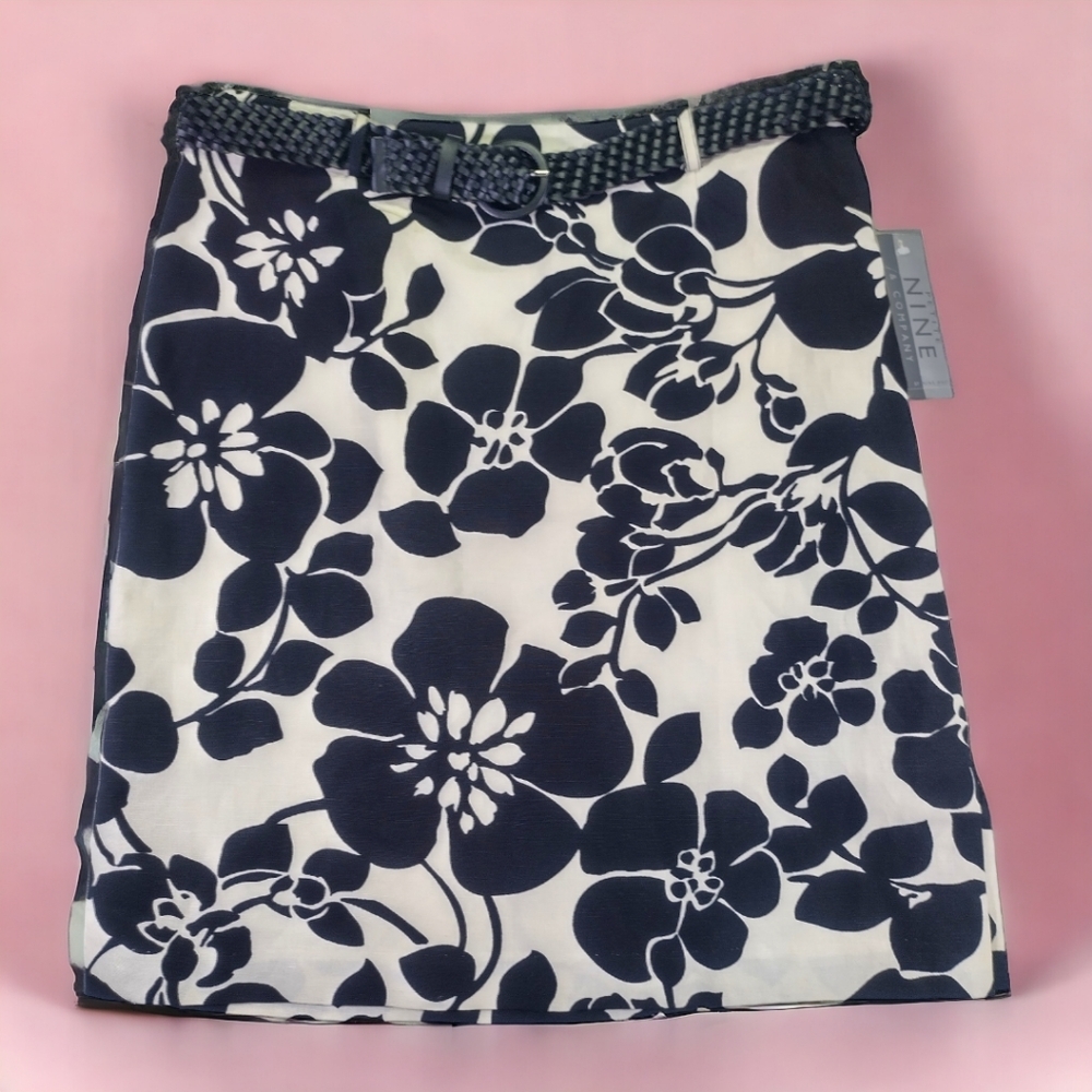 NWT Petite Black Floral Linen Blend Skirt Size 14P